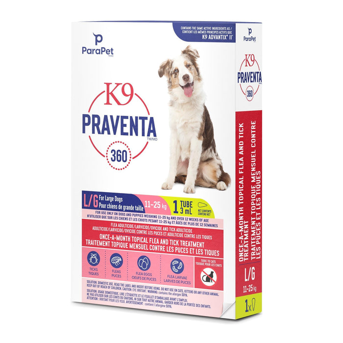 K9 Praventa 360 traitement contre les puces et les tiques pour chiens de grande taille, 11 kg à 25 kg - Puces et Tiques - PARAPET - K9 Praventa 360 traitement contre les puces et les tiques pour chiens de grande taille, 11 kg à 25 kg