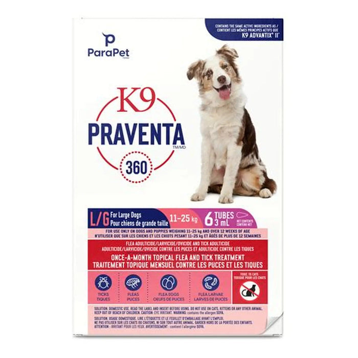 K9 Praventa 360 traitement contre les puces et les tiques pour chiens de grande taille, 11 kg à 25 kg - Puces et Tiques - PARAPET - K9 Praventa 360 traitement contre les puces et les tiques pour chiens de grande taille, 11 kg à 25 kg
