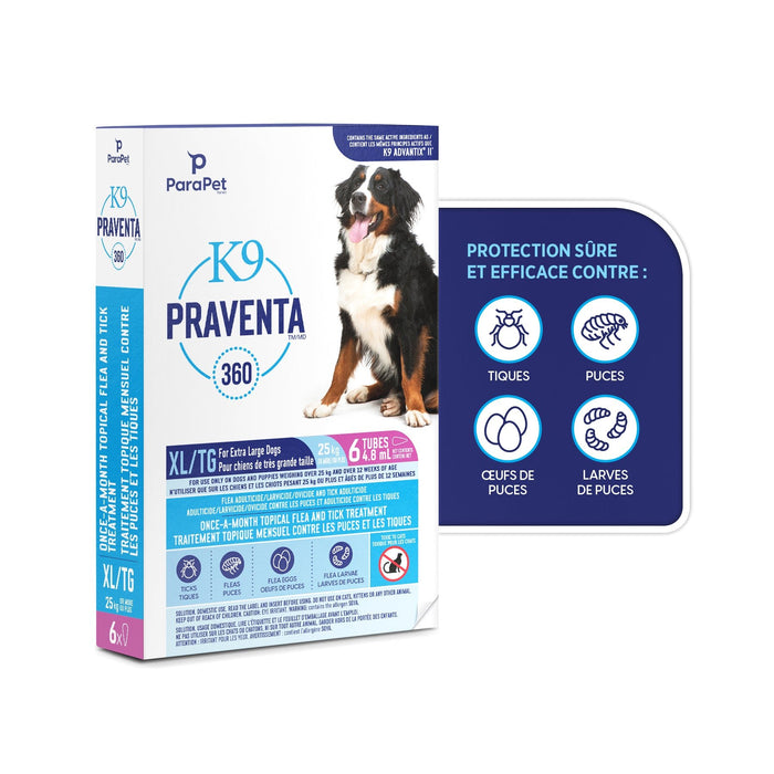 K9 Praventa 360 traitement contre les puces et les tiques pour chiens de très grande taille plus de 25 kg - Puces et Tiques - PARAPET - K9 Praventa 360 traitement contre les puces et les tiques pour chiens de très grande taille plus de 25 kg