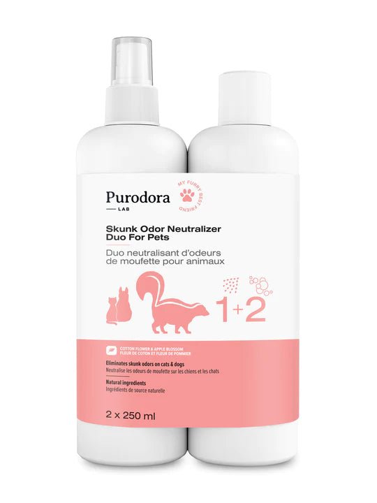 Purodora Duo neutralisant d'odeurs de moufette pour animaux - Shampoing - Purodora - Purodora Duo neutralisant d'odeurs de moufette pour animaux