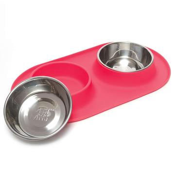 Messy mutts bols doubles acier inoxydable avec base de silicone rouge