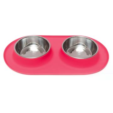 Messy mutts bols doubles acier inoxydable avec base de silicone rouge