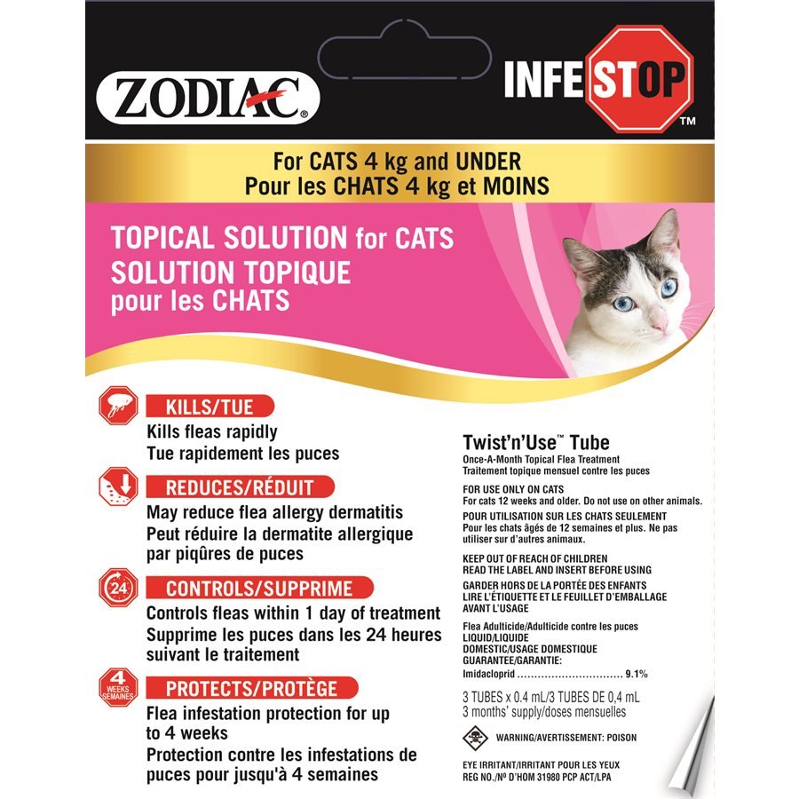 Zodiac Infestop solution topique pour chat 4 kg et moins - Puces et Tiques - Zodiac - Zodiac Infestop solution topique pour chat 4 kg et moins