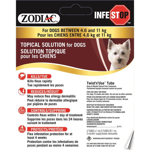Zodiac Infestop solution topique pour chiens 4.6 kg a 11 kg - Puces et Tiques - Zodiac - Zodiac Infestop solution topique pour chiens 4.6 kg a 11 kg