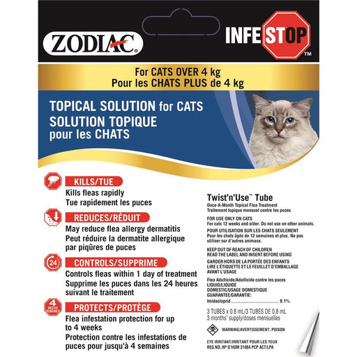 Zodiac Infestop solution topique puces pour chats 4 kg et plus - Puces et Tiques - Zodiac - Zodiac Infestop solution topique puces pour chats 4 kg et plus